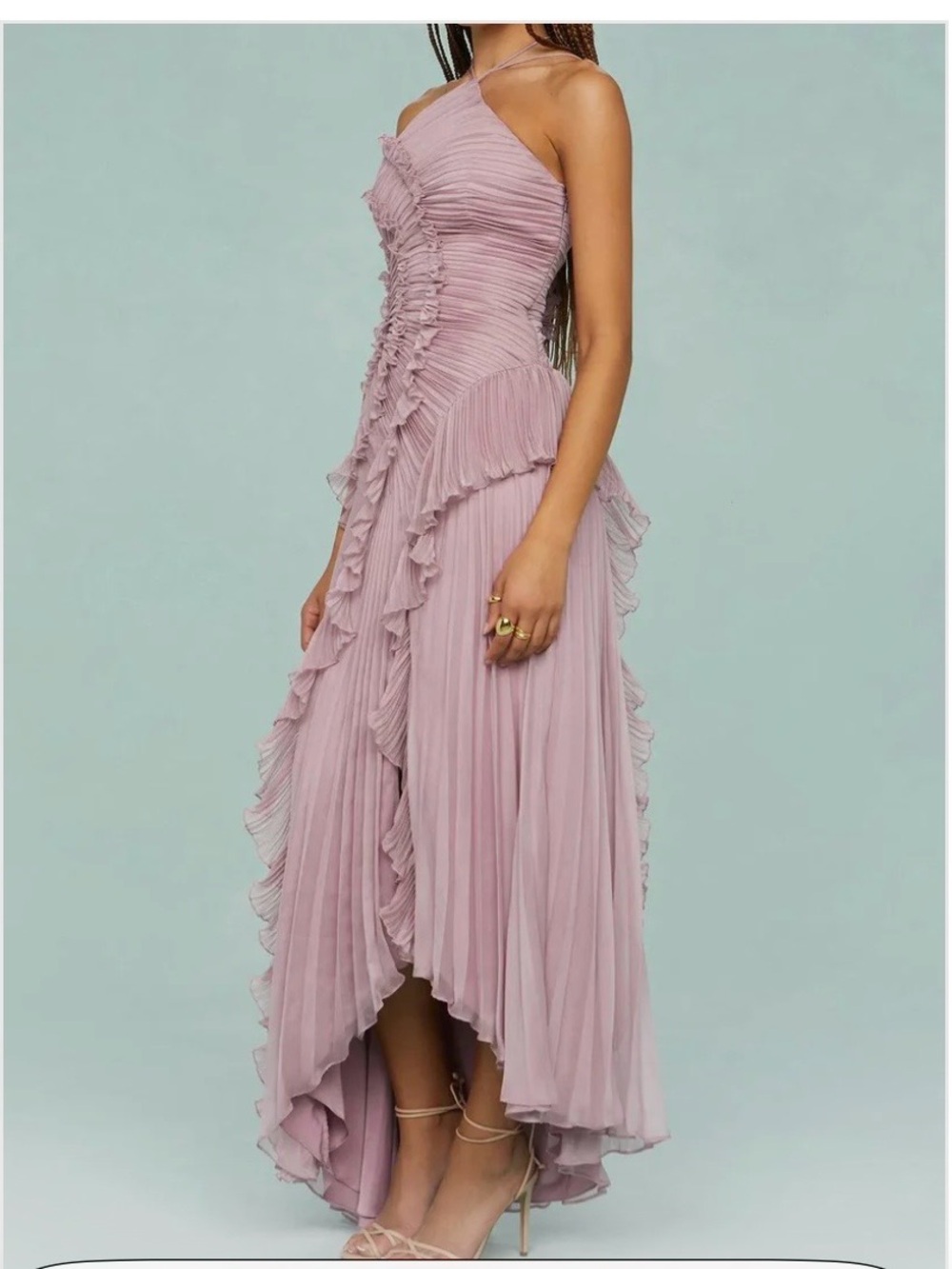 One-Shoulder Ruffled High-Low Maxi Dress in Mauve